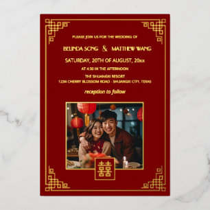 TWEE-TALIGE Foto Rood Goud Chinees Huwelijk Folie Uitnodiging