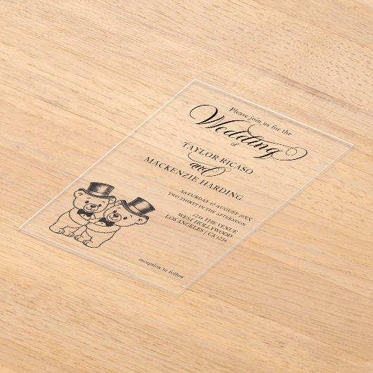 Twee Teddy Bear Grooms In Top Hats Wedding Acryl Uitnodigingen (Laagn)