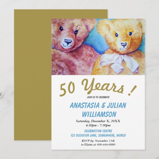 TWEE TEDDYBEREN 50 JAAR SAMEN FEESTUITNODIGING KAART (Voorkant / Achterkant)