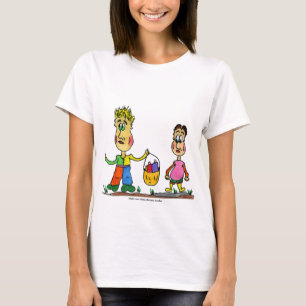 Twee tekenfilmfiguren met een mandje brood. t-shirt