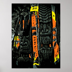 Twee tiki beelden zonnestralen tropisch poster