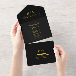 Twee Tinten Zwart Goud Script All In One Uitnodigi Uitnodiging