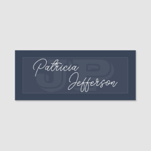 Twee tonen donkerblauw en wit monogram handgeschre naamplaatje