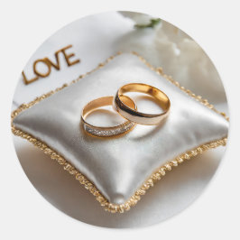 Twee trouwringen op een wit kussen ronde sticker