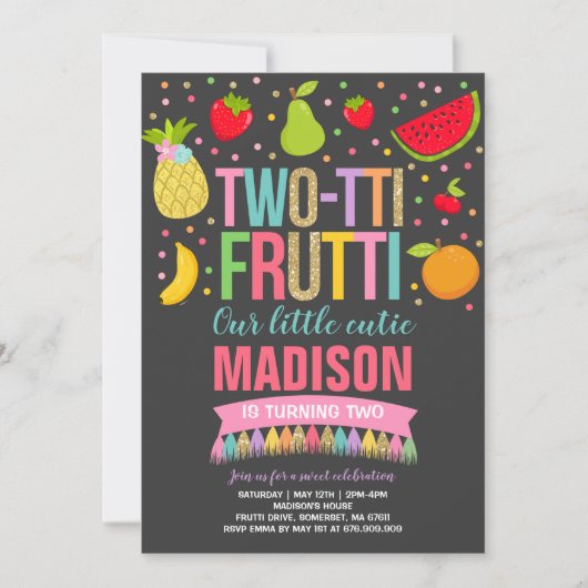 Twee-tti Frutti Party Uitnodiging 2e Verjaardagsfe (Voorkant)