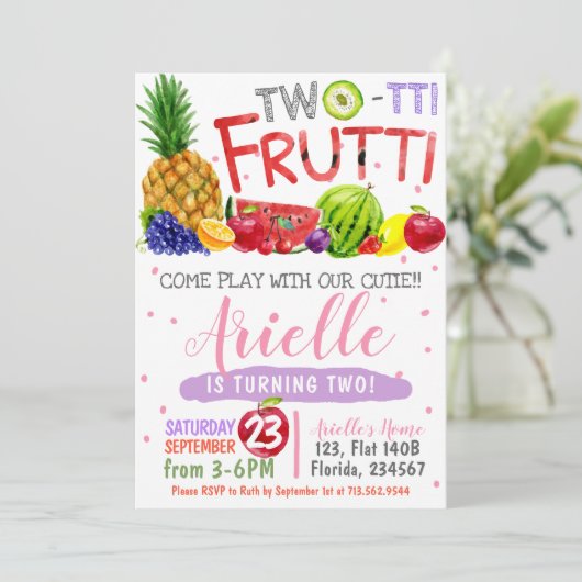 Twee-Tti Frutti verjaardagsfeestje uitnodiging (Staand voorkant)