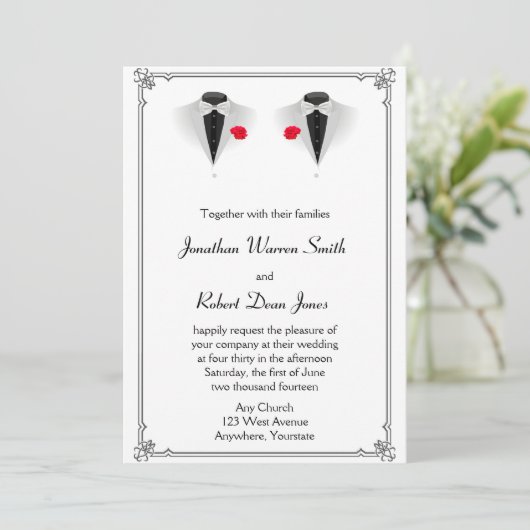 Twee Tuxedos op Witte Gay Bruiloft Uitnodiging (Staand voorkant)