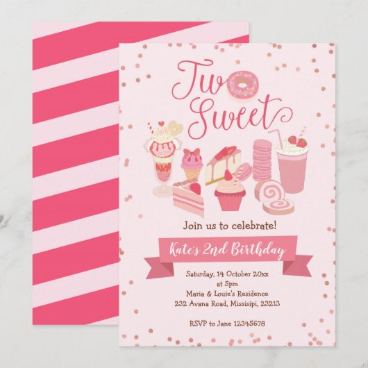 Twee uitnodigingen voor Sweet Girl Birthday Party (Voorkant / Achterkant)