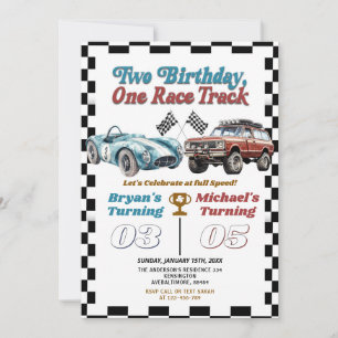 Twee Verjaardag Een Race Track Dubbele Auto's Verj Kaart