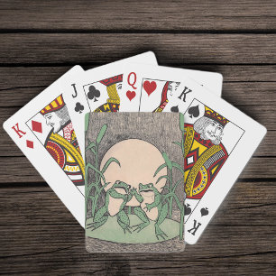 Twee Vintage Grappige Liefde Groene Kikkers Maan Pokerkaarten