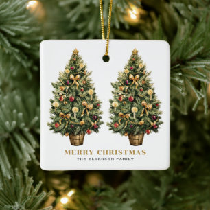 Twee Vintage Kerstboom Goud Vrolijk Kerstfeest Keramisch Ornament