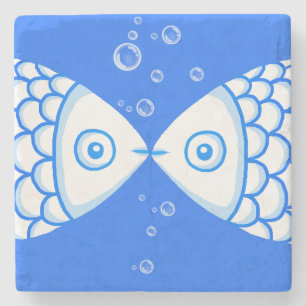 Twee Vissen Blauw Wit Abstract Patroon Stenen Onderzetter