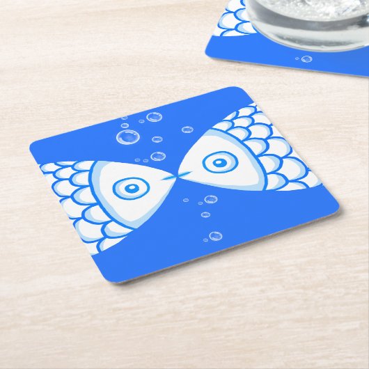 Twee Vissen Blauw Wit Abstract Patroon Vierkante Kartonnen Onderzetter (Schuin)