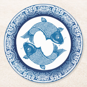 Twee Vissen Koi Karper Chinoiserie Blauw Patroon Ronde Kartonnen Onderzetter