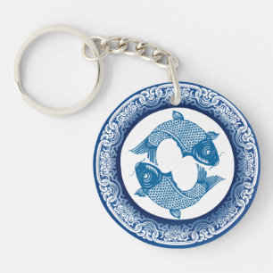 Twee Vissen Koi Karper Chinoiserie Blauw Patroon Sleutelhanger