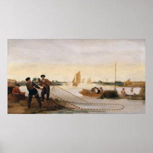 Twee vissers die in hun binnenwateren vissen poster