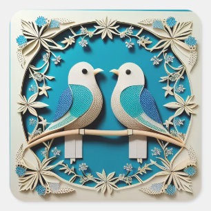 Twee Vogels 🌿 Bloemmotief Ontwerp ✂️ Elegante Nat Vierkante Sticker