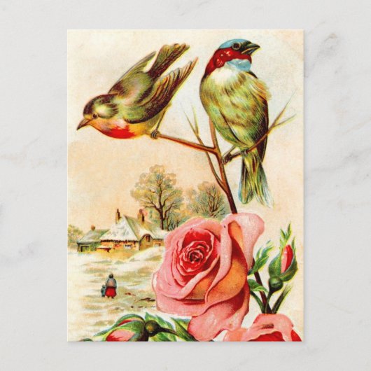 Twee vogels en Rozen Briefkaart (Voorkant)
