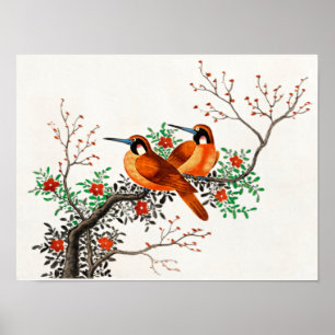 Twee vogels op een bloeiende tak poster