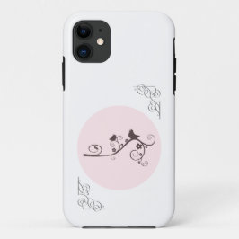 Twee vogels op een Curly Branch Pink iPhone 11 Hoesje