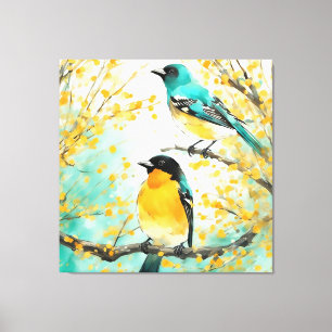 Twee vogels zittend op boomtak canvas afdruk