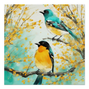 Twee vogels zittend op boomtak perfect poster