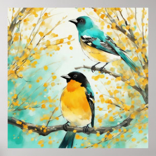 Twee vogels zittend op boomtak poster