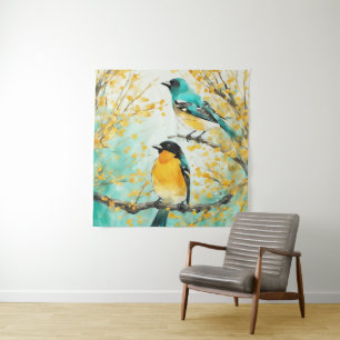Twee vogels zittend op boomtak wandkleed
