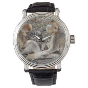 Twee vrouwelijke gouden apen met pasgeborenen horloge