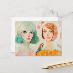 Twee vrouwen en een papegaai briefkaart