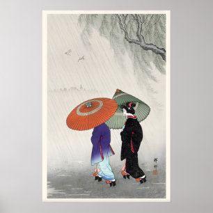 Twee vrouwen in de regen Japanse kunstdruk Poster