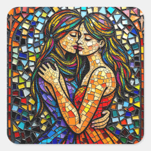 Twee vrouwen in mozaïek Tegel stijl AI Art Vierkante Sticker