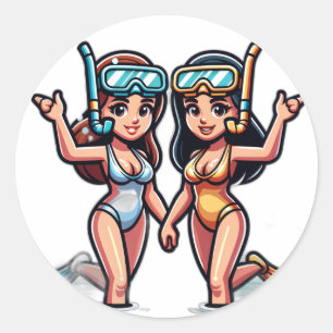Twee vrouwen met snorkel ronde sticker