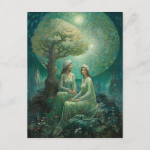 Twee vrouwen onder een boom op de nacht van volle briefkaart