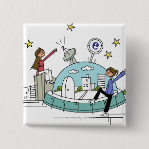 Twee vrouwen op de top van een stad vierkante button 5,1 cm