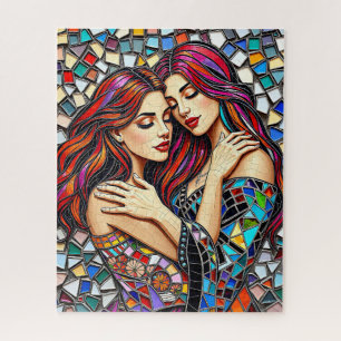 Twee vrouwen verliefd   Faux Mosaic Tegel Style Legpuzzel