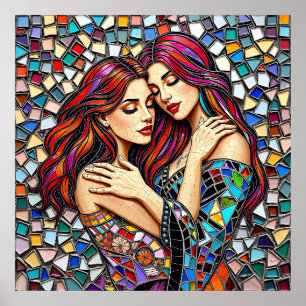 Twee vrouwen verliefd   Faux Mosaic Tegel Style Poster