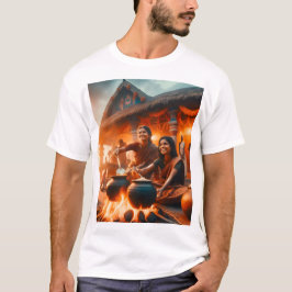 Twee vrouwen zitten rond een vuur met een pot voor t-shirt