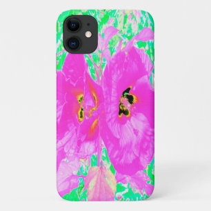 Twee warme roze plum Crazy Hibiscus op Lime Green iPhone 11 Hoesje