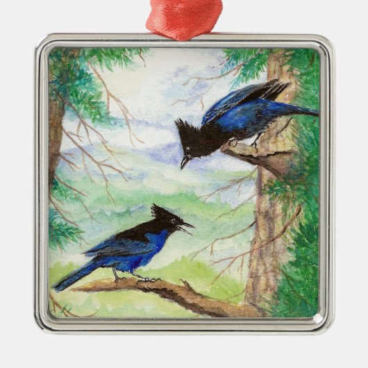 Twee Waterverf Stellar Jay Vogelbomen Metalen Ornament (Voorkant)