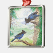 Twee Waterverf Stellar Jay Vogelbomen Metalen Ornament (Links)