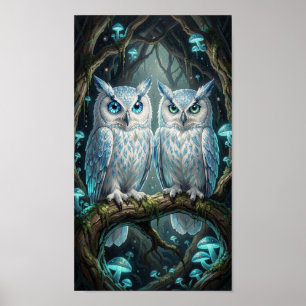 Twee wijze, oude witte blauwe uilen poster