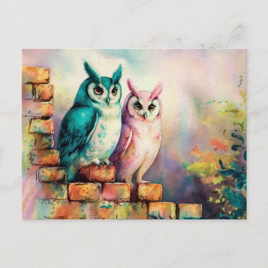 Twee wijze uilen Waterverf AI Art Briefkaart (Voorkant)