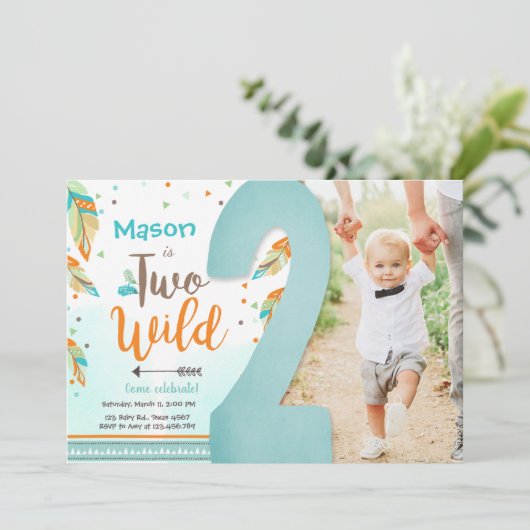 Twee Wild Boho Tribal Feathers Boy Tweede verjaard Kaart (Staand voorkant)
