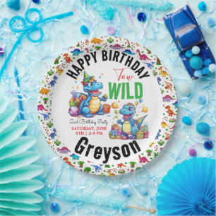 Twee Wild Dino Party Boy Dinosaurus 2e Verjaardag Papieren Bordje