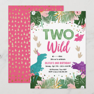 Twee Wild Dino Party Girl Pink Dinosaur Birthday Kaart