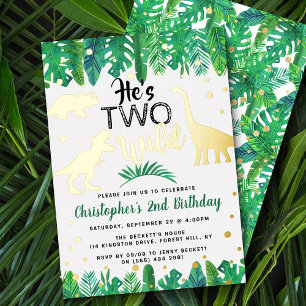 Twee Wild Dinosaur Boys 2e verjaardag Folie Uitnodiging