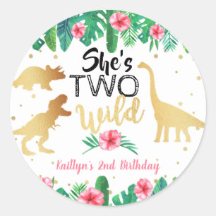 Twee Wild Dinosaur Girls 2e verjaardag Favor Ronde Sticker