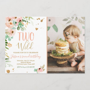 Twee Wild Meisje 2e Verjaardag Invite Floral Roze Kaart