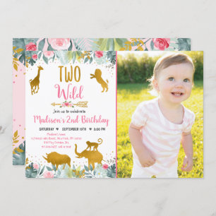 Twee Wild Pink Gold Greenery Safari Birthday Kaart